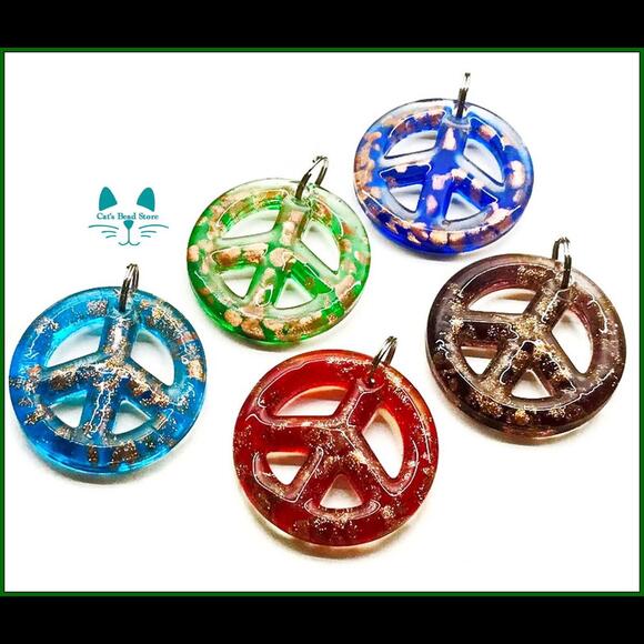 Large Colorful Glitter Lamp-Work Peace Sign Pendant - Picture 2 of 9
